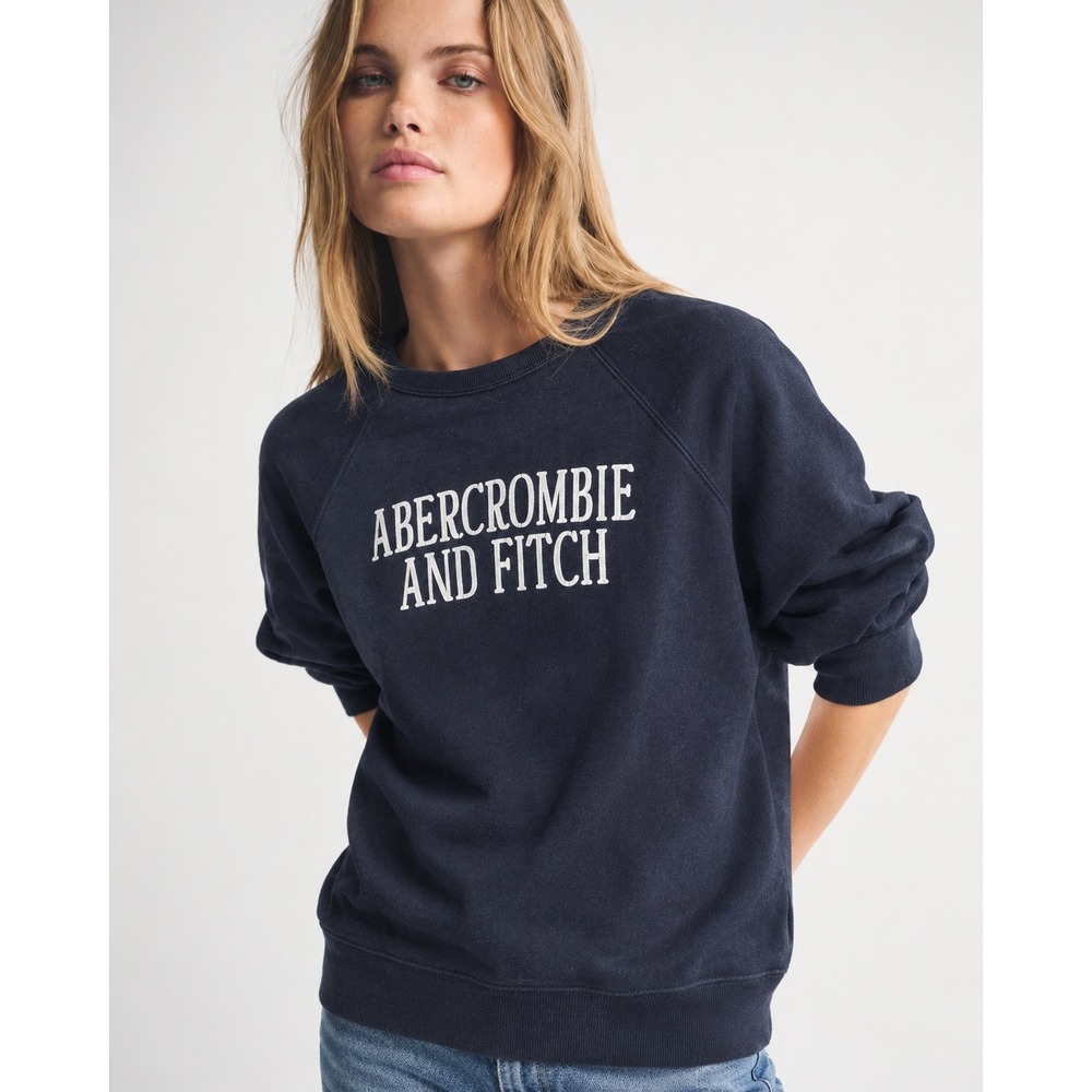 Abercrombie & Fitch Logo Crewneck Sweatshirt Navy Blue Raglan Small